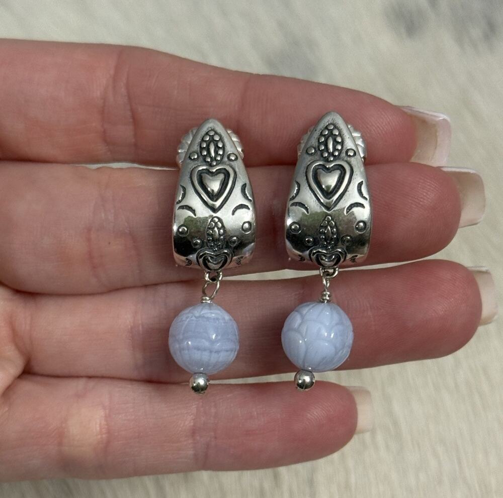 Carolyn Pollack Relios Sterling Silver Blue Lace Agate Hoop Post Stud Earrings